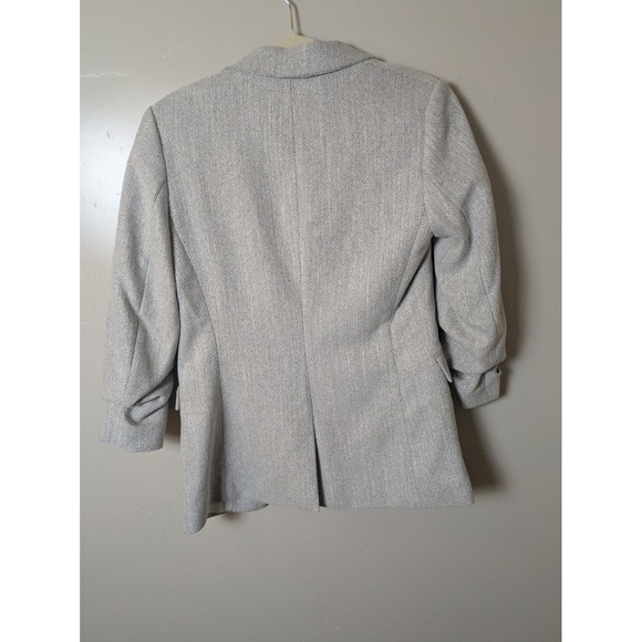 H&M Women's Size XS Tweed Herringbone Blazer Jacket Light Gray Ruched Sleeve - Picture 7 of 9